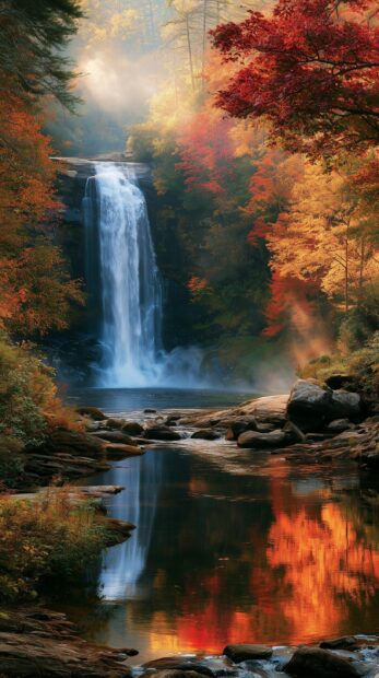 A breathtaking Fall Wallpaper of a cascading waterfall surrounded by vivid red and orange autumn trees