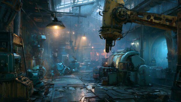 A Fallout wallpaper showing an abandoned, dilapidated factory interior with old machinery and scattered robot parts