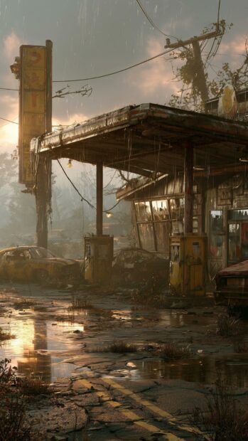 An atmospheric Fallout wallpaper showing an abandoned gas station with rusty cars and wet ground reflecting sunlight after rain