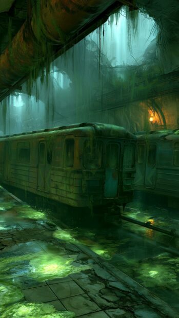 A haunting fallout wallpaper of an abandoned, overgrown subway station with old trains and glowing green water on the tracks