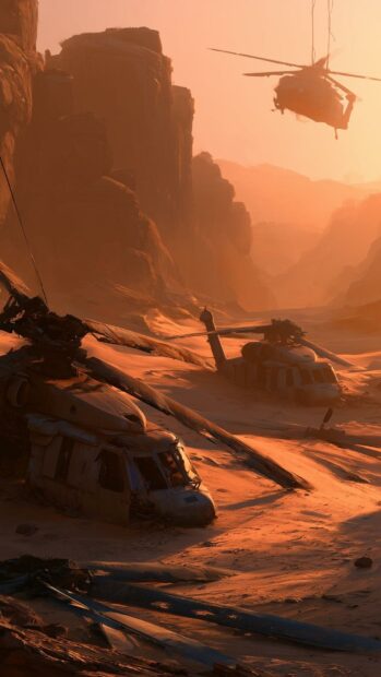 A warm orange fallout wallpaper showing crashed helicopters in a vast desert landscape under a sunset sky, with one helicopter flying overhead