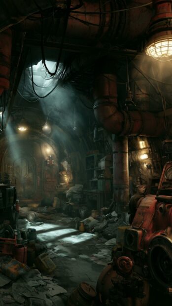 A dark, post-apocalyptic fallout wallpaper depicting a cluttered underground bunker interior with dim lighting