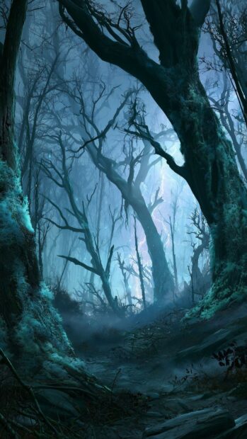 A dark and eerie Fallout wallpaper showing a desolate, twisted forest illuminated by distant lightning