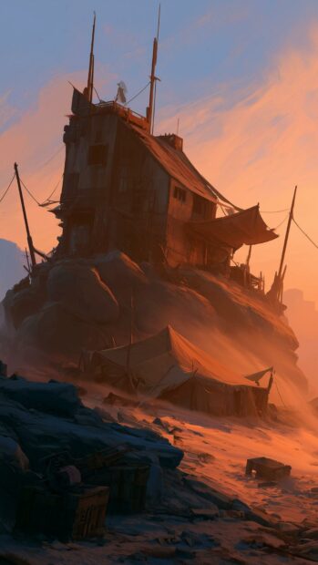 Fallout Wallpaper depicting a desolate desert outpost built on a rocky hill under a vibrant orange and purple sunset sky
