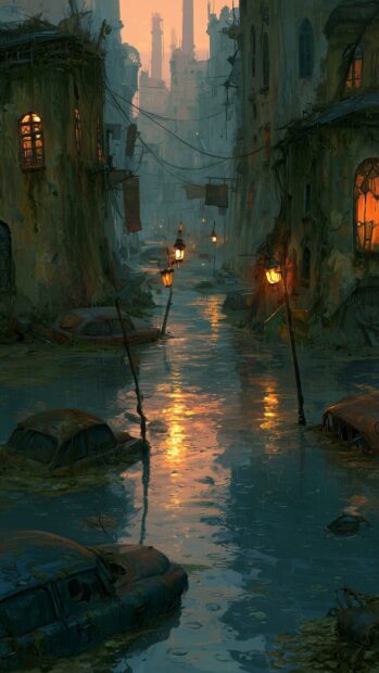 A haunting Fallout wallpaper of a flooded city street lined with old buildings, glowing street lamps, and submerged cars