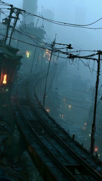 A moody Fallout wallpaper showing foggy elevated train tracks winding through a dilapidated city with power lines and dim lights