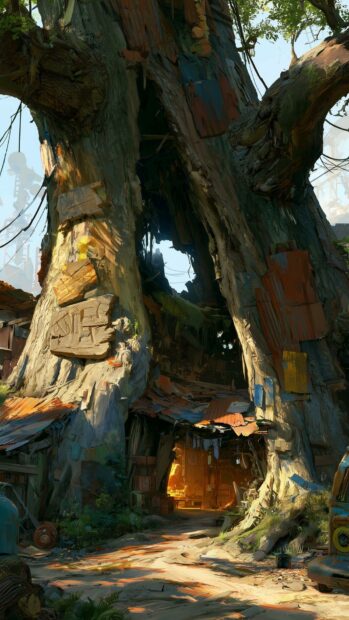 Fallout Wallpaper showing a giant hollow tree used as a makeshift settlement, covered in scrap metal