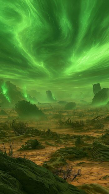 Fallout Wallpaper illustrating a desolate wasteland under a vibrant, glowing green sky with swirling clouds and skeletal remains on the ground
