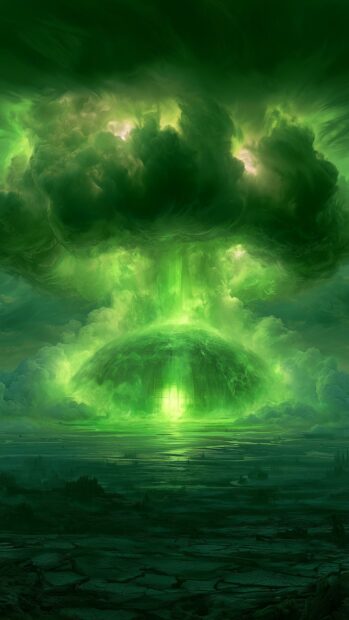 A dramatic Fallout wallpaper showing a massive green nuclear explosion with towering clouds over a desolate landscape