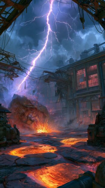 A dramatic Fallout wallpaper depicting an industrial wasteland with molten lava, sparks, and a massive lightning bolt striking from a stormy sky
