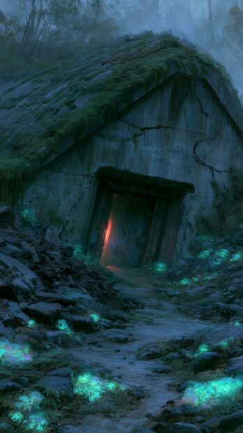 A mysterious fallout wallpaper depicting a moss-covered bunker entrance in a dark forest, surrounded by glowing blue plants