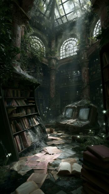 A Fallout wallpaper featuring an overgrown, ruined library with old computers and scattered books under shafts of light