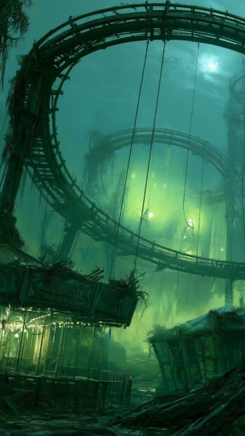 A vibrant green fallout wallpaper featuring an eerie, overgrown roller coaster in a swampy, post-apocalyptic amusement park