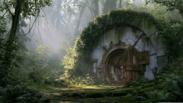 A serene Fallout wallpaper showcasing an overgrown, circular Vault door hidden within a lush, misty forest landscape