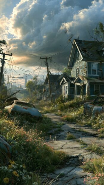 A detailed Fallout wallpaper depicting a post-apocalyptic street with abandoned houses, rusted cars, and overgrown vegetation under a dramatic sky