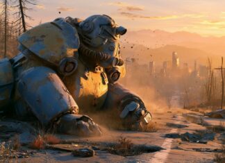 An iconic Fallout wallpaper featuring rusty Power Armor lying in a vast wasteland with a ruined city skyline at sunset