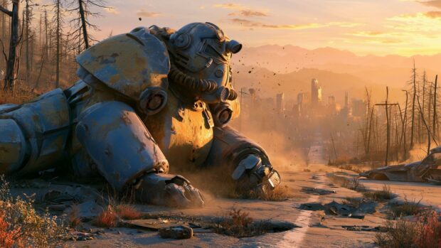 An iconic Fallout wallpaper featuring rusty Power Armor lying in a vast wasteland with a ruined city skyline at sunset