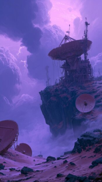A vibrant Fallout wallpaper featuring large satellite dishes on a cliff under a stormy purple sky with lightning
