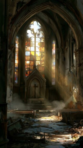 Fallout Wallpaper showing the interior of a ruined church with beautiful stained glass windows and rays of light streaming through