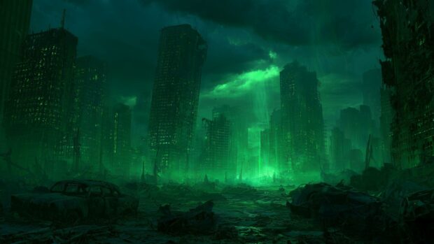 A dark Fallout wallpaper featuring a ruined city skyline bathed in an eerie green radioactive glow, with destroyed buildings and cars