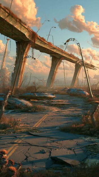 Fallout Wallpaper featuring a ruined highway with abandoned cars and broken lamp posts, bathed in the warm light of a sunset