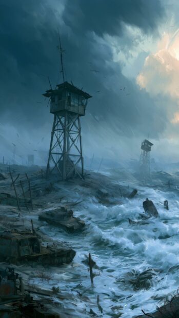 A dramatic Fallout wallpaper depicting a watchtower overlooking a stormy sea with submerged ruins and a desolate coastline