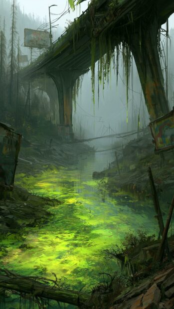 Fallout Wallpaper showcasing a post-apocalyptic scene with an overgrown highway bridge spanning over a glowing toxic green river