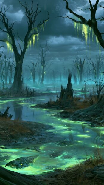 Fallout Wallpaper depicting a desolate toxic swamp with glowing green water and bare trees under a dark sky