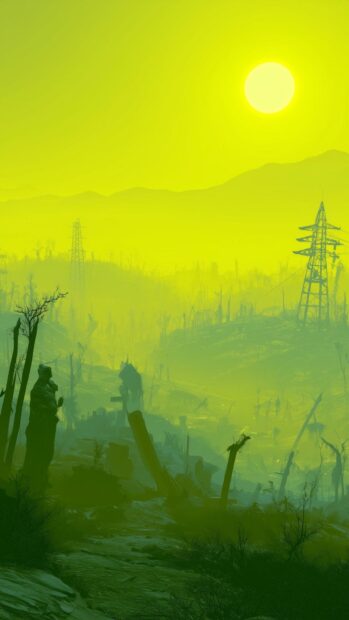 A vivid Fallout wallpaper featuring a desolate, hazy landscape under a bright yellow sky with a large sun and power line towers