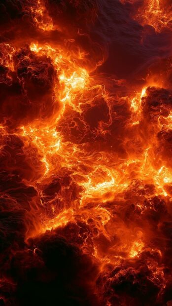 An abstract fire wallpaper depicting a swirling, intense inferno with vibrant orange and red flames