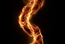An abstract fire wallpaper featuring a twisted spiral column of vibrant orange and yellow flames on a pure black background
