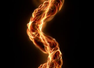 An abstract fire wallpaper featuring a twisted spiral column of vibrant orange and yellow flames on a pure black background