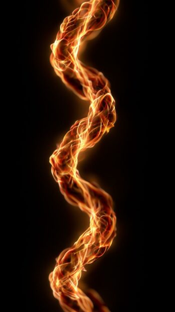 An abstract fire wallpaper featuring a twisted spiral column of vibrant orange and yellow flames on a pure black background