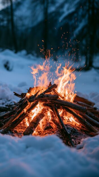 A cozy fire wallpaper of a bonfire burning logs in a snowy winter landscape at dusk
