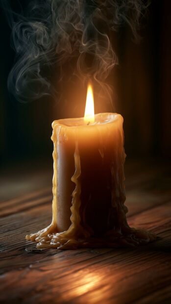A warm fire wallpaper featuring a single burning candle with melted wax on a rustic wooden table