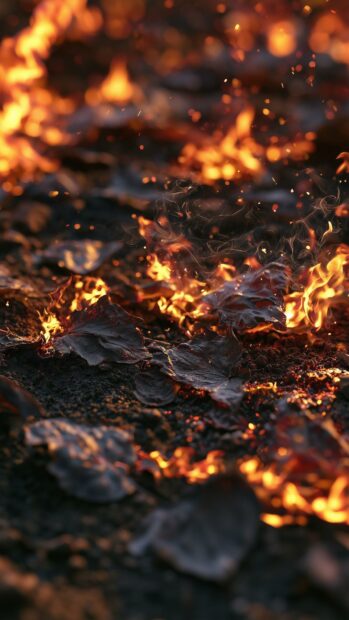 A close-up fire wallpaper showing burning leaves and glowing embers on dark ground