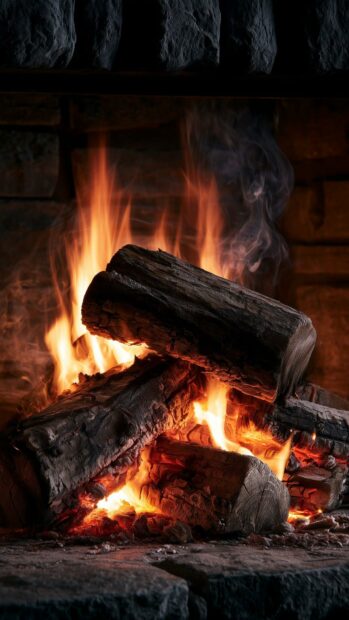 A cozy fire wallpaper featuring burning logs in a stone fireplace with warm orange flames