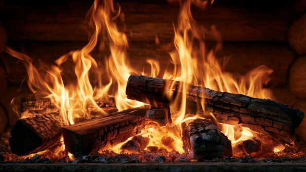 A classic fire wallpaper featuring burning logs inside a cozy fireplace with bright flames