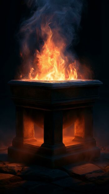 A mystical fire wallpaper showing intense flames burning on a dark stone pedestal in a dark setting