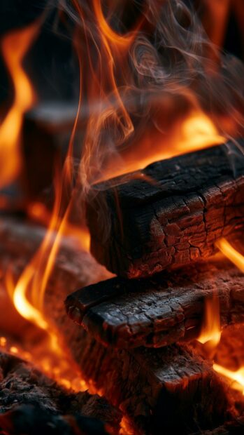 A vibrant fire wallpaper showing a close-up of burning wood embers with dynamic orange flames