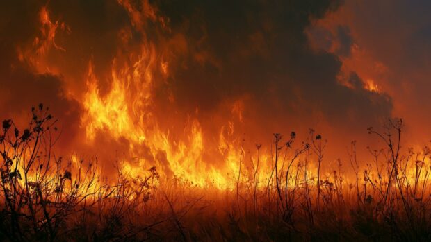 Panoramic fire wallpaper showing a field on fire with bright flames stretching across the horizon under a dark, smoky sky