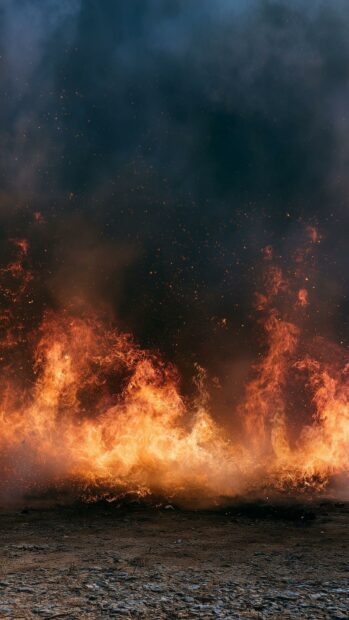 A dramatic fire wallpaper showing flames spreading across dark ground with rising smoke and embers