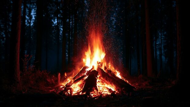 A horizontal fire wallpaper featuring a large bonfire burning fiercely in a dark, misty forest with sparks ascending