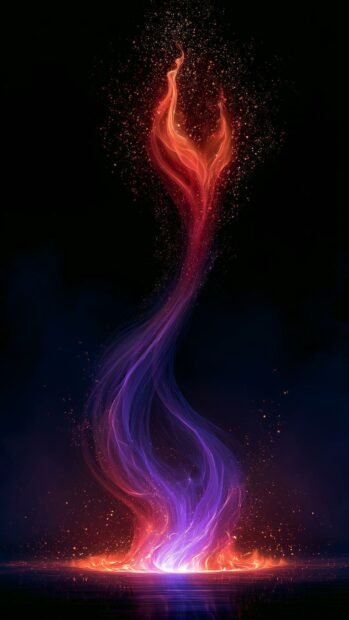 An abstract fire wallpaper depicting a magical plume of red, orange, and purple energy rising from a glowing base