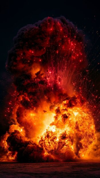 A dynamic fire wallpaper capturing a massive explosion with bright orange flames and red sparks against a dark background
