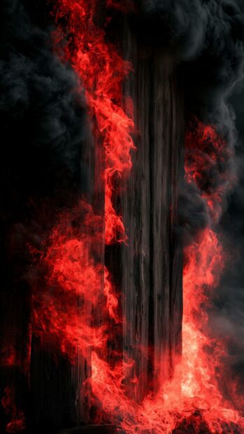 An abstract vertical fire wallpaper depicting intense red flames and dark black smoke around charred wooden planks