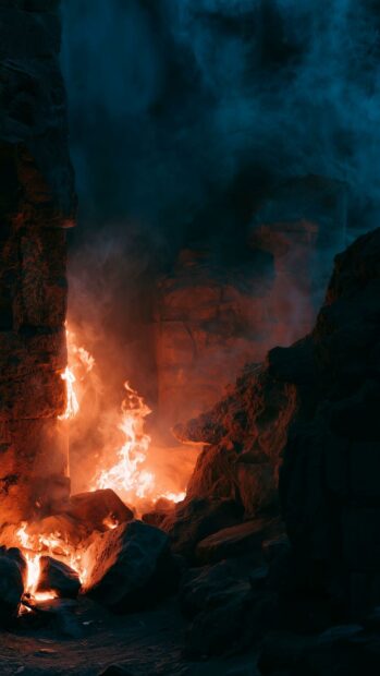 An intense fire wallpaper showing flames burning within dark, rocky ruins with smoke rising into the air