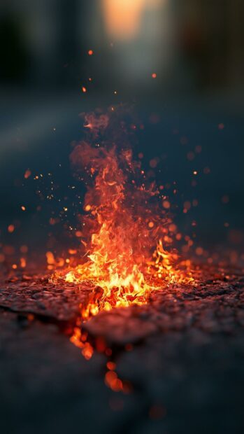 Dynamic fire wallpaper showing small embers burning on cracked ground with flying sparks and a soft bokeh background