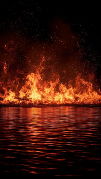 An intense fire wallpaper showing a wall of flames reflecting on a dark water surface with sparks