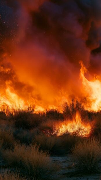 Intense fire wallpaper depicting a wildfire burning through a field with thick orange smoke rising into the darkened sky